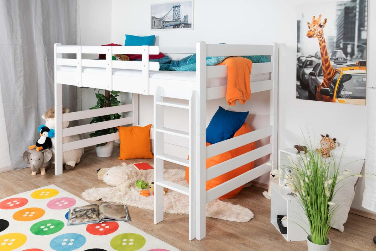 Steiner Shopping Bett, 120 x 190 cm, Weiss, Kinderbett Hochbett 'Easy Premium Line' K23, Buche Vollholz massiv lackiert