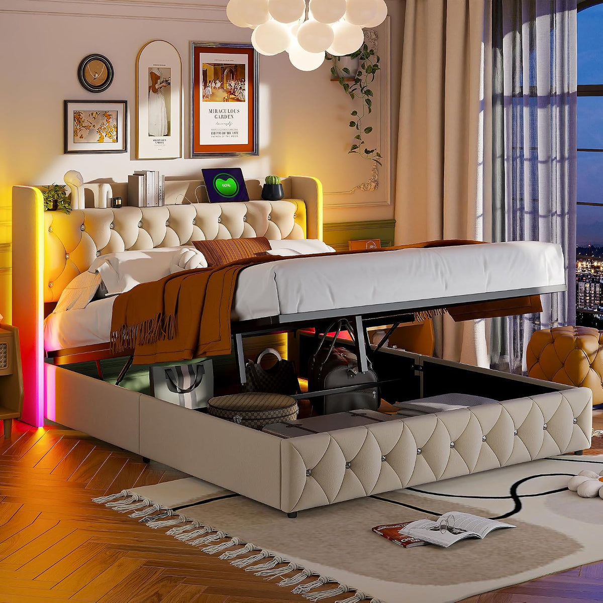 BRYXR Matratze, Beige/Weiss, Bett 140x200, Polsterbett mit RGB-LED-Beleuchtung, Hydraulisch Doppelbett mit Lattenrost