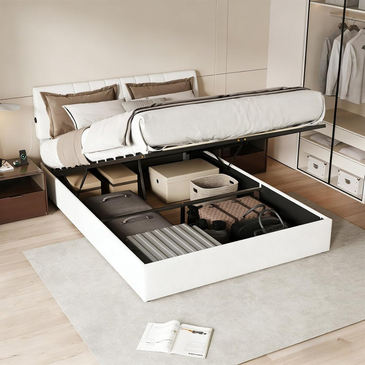 JiaOyu Bett, 140x200 cm, 140X200CM, Weiss, Polsterbett, Hydraulisch Stauraumbett mit USB Ladestation, Doppelbett mit lattenrost & Gepolstertem