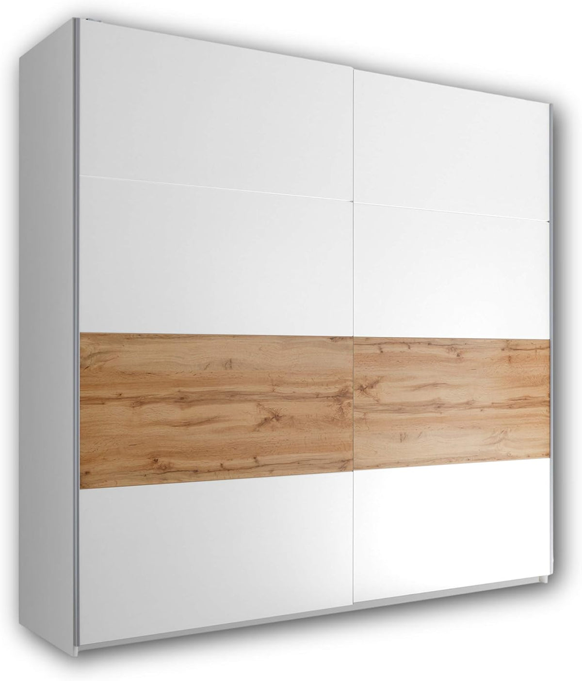 Stella Trading Kleiderschrank, 215 x 210 x 59 cm, Weiss/Wildeiche, MEDINA Schwebetürenschrank Weiss mit viel Stauraum