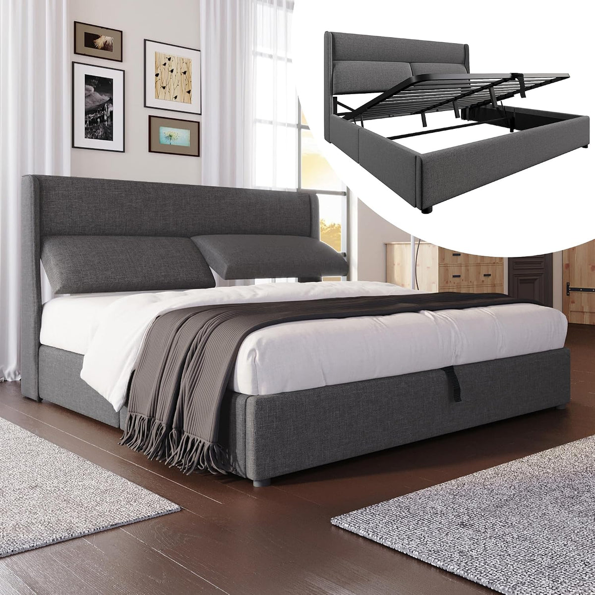 Dolamaní Bett, 180x200 cm, Grau, Boxspringbett Doppelbett, Polsterbett mit Verstellbare Kopfstützen, Hydraulisches Bettgestell mit Stauraum