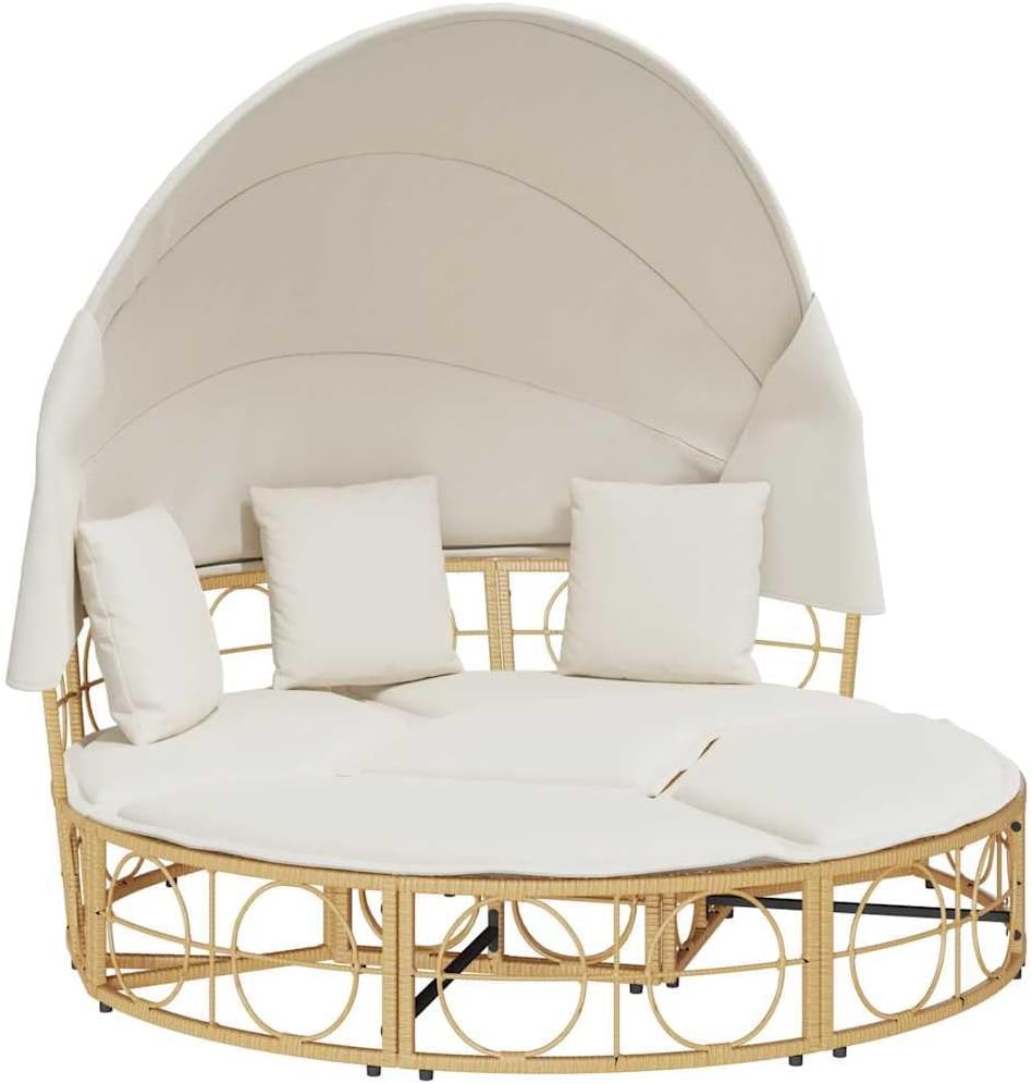vidaXL Liegen, PE-Rattan, pulverbeschichteter Stahl, Beige/Natur, Outdoor-Loungebett mit Dach und Kissen Poly Rattan