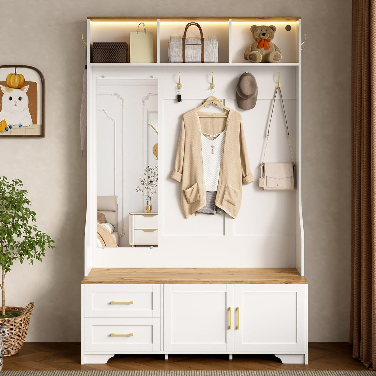 Oslghy Kleiderschrank, Weiss/Hellbraun, Garderobenset Wandgarderobe mit LED Beleuchtung, Garderoben Set mit Spiegel und Schuhbank