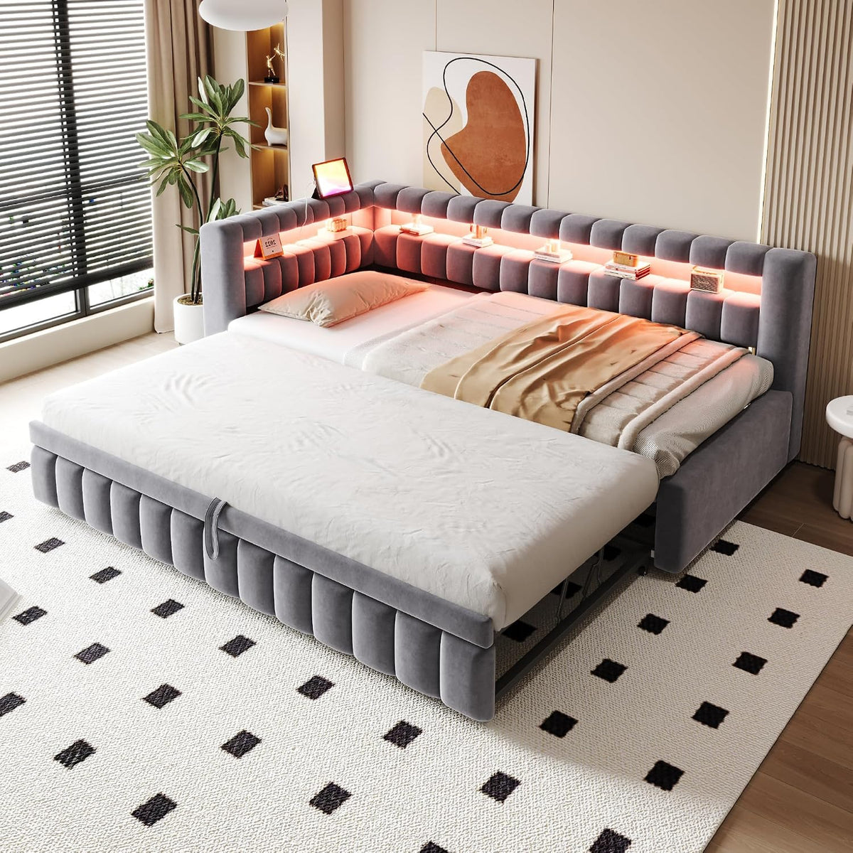 Kebnor Bett, 90 x 200 cm, Grau, Polsterbett Ausziehbares Schlafsofa 90 * 200 cm, Mit LED-Beleuchtung, Geräumigem Kopfteil und Rückenlehne