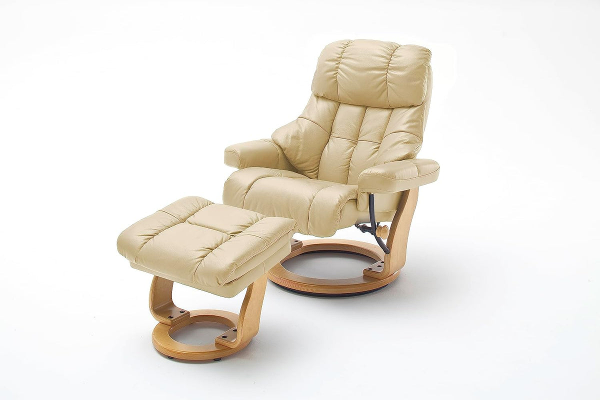 Robas Lund Relaxsessel, 180 kg, Creme/Natur, Calgary XXL mit Hocker, bis belastbar, Echtleder creme, Gestell Holz natur