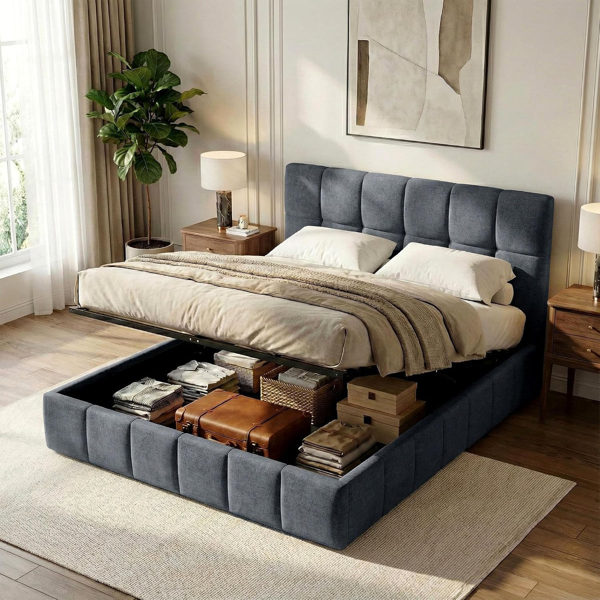 CLP Bett, 300 kg, 160 cm, Dunkelgrau, Polsterbett mit Stauraum Ladia, Bettgestell für Matratzen, Lattenrost mit Lift-Mechanismus