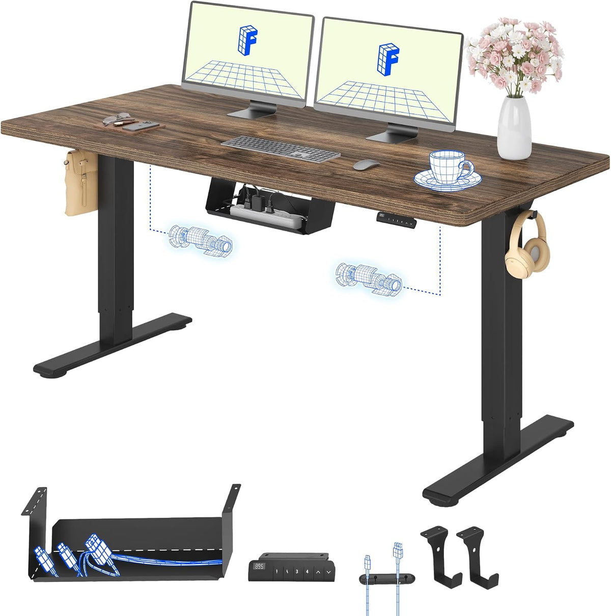 FLEXISPOT Schreibtisch, 160x80 cm, 25MM, Walnussbraun/Schwarz, Höhenverstellbarer mit 2 Motoren & einteiliger Tischplatte