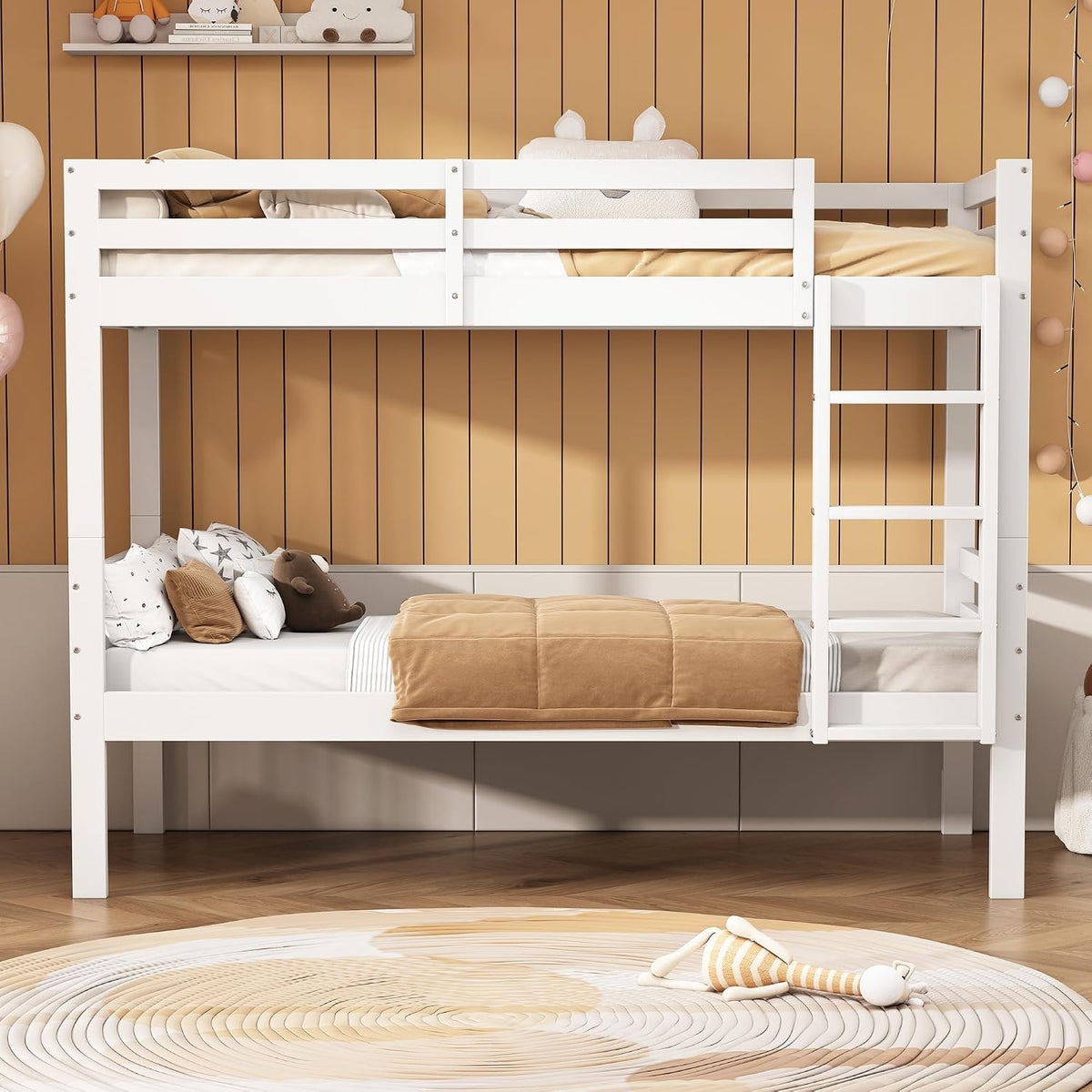 KUAKE Bett, 90x200 cm, Weiss, Etagenbett für Kinder, Kinderbett mit dreistufiger Winkelleiter und, aufgeteilt in 2 Einzelbetten