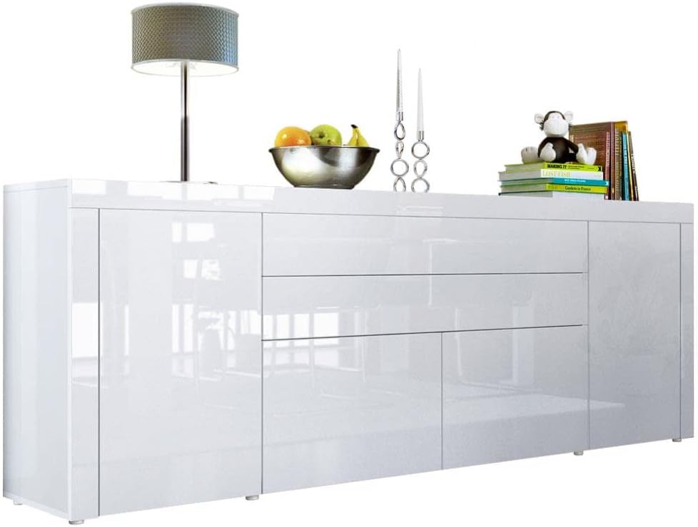 Vladon Buffetschrank, 200 x 72 x 35 cm, Weiss Hochglanz, Sideboard La Paz V2, Made in Germany, Kommode mit 2 Türen