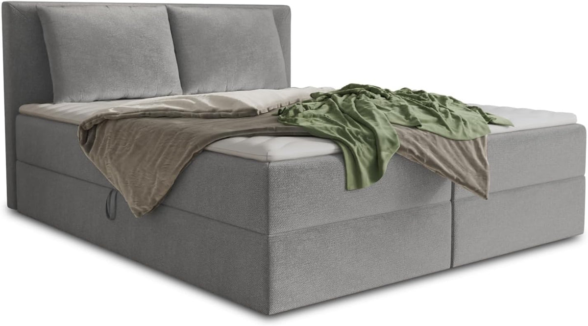 Sofnet Bettrahmen, 140 x 200 cm, Grau, Boxspringbett Egro mit 2 Bettkästen und Zwei grosse Kissen -, Polsterbett