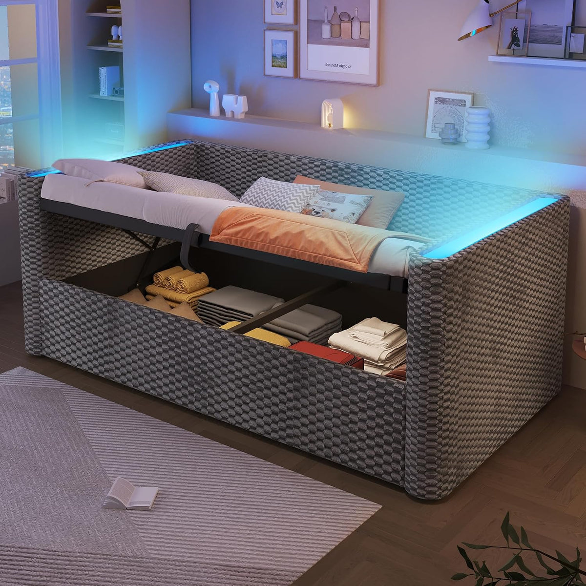 ANIROY Bett, 90 x 200 cm, Grau, Polsterbett Tagesbett 90x200 cm mit Lattenrost, Daybett Schlafsofa mit LED & Hydraulischer Stauraum