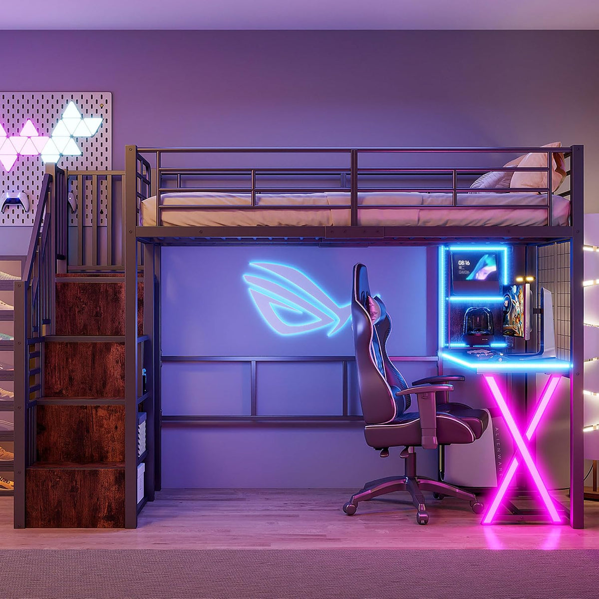 Jovify Bett, 90 x 200 cm, Schwarz, LED Hochbett 90x200 cm mit Schreibtisch, Bücherregal, Treppe und Kleiderschrank