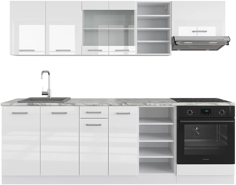 Vicco Küchenzeile, 240 cm, Der Küchenblock besteht aus pflegeleichter Spanplatte 16 mm, mit einer Melaminharzbeschichtung, Weiss