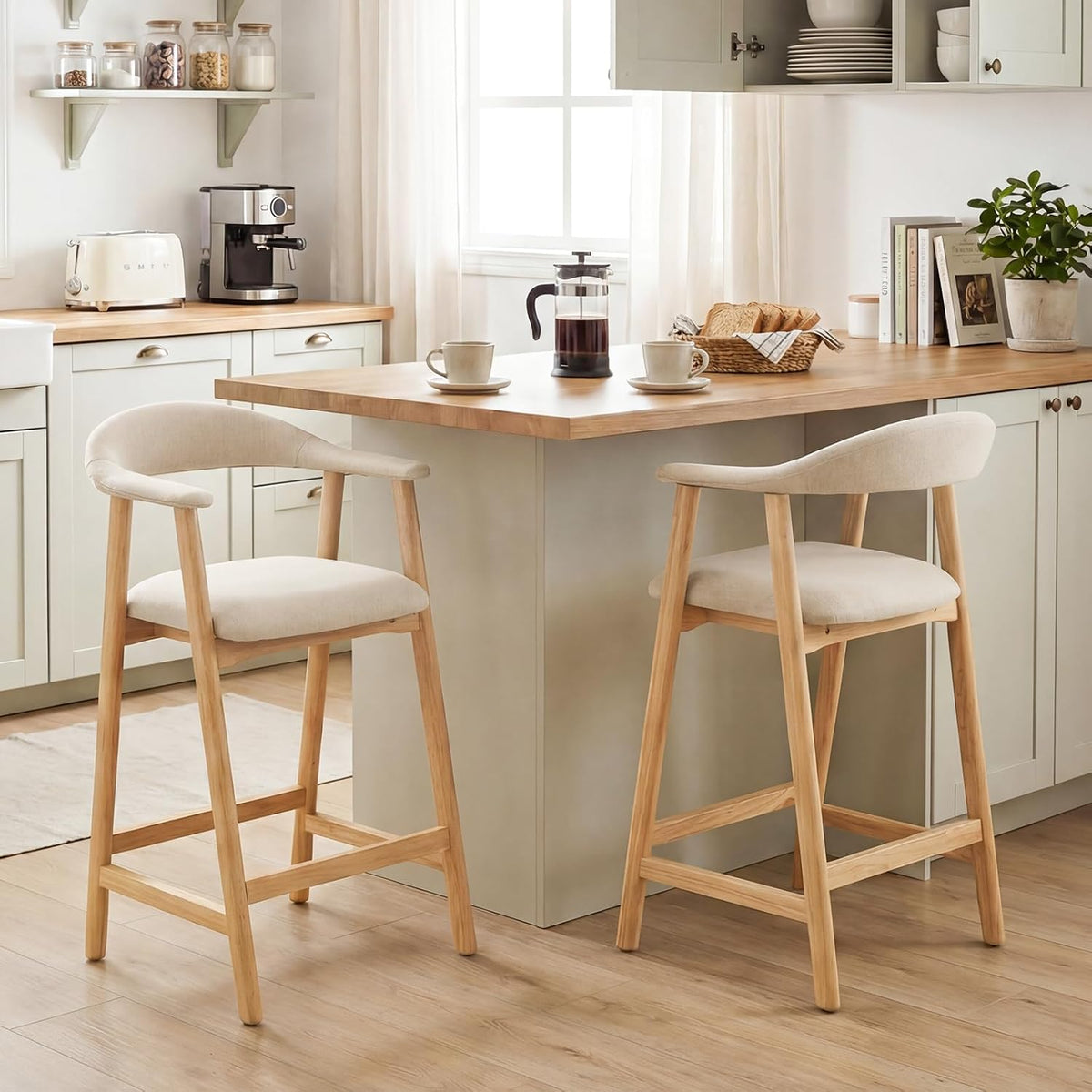 BALIAA Barhocker, Beige, 2er Set mit Lehne, Massivholz Barstühle Gepolstert, Grau Leinenstoff Barsessel für Küche und Bar