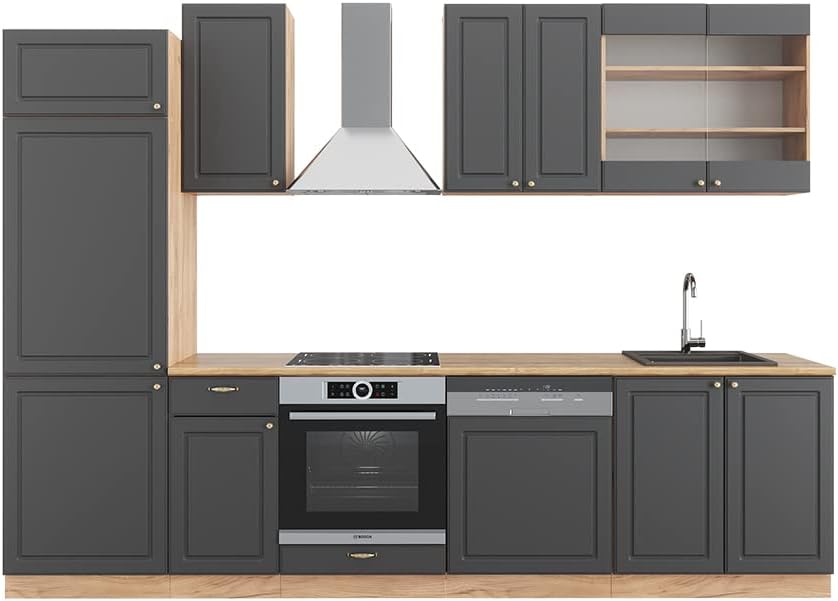 Vicco Küchenzeile, 300 cm, Anthrazit/Eiche, Fame-Line, Anthrazit Landhaus/Goldkraft Eiche, ohne Arbeitsplatte