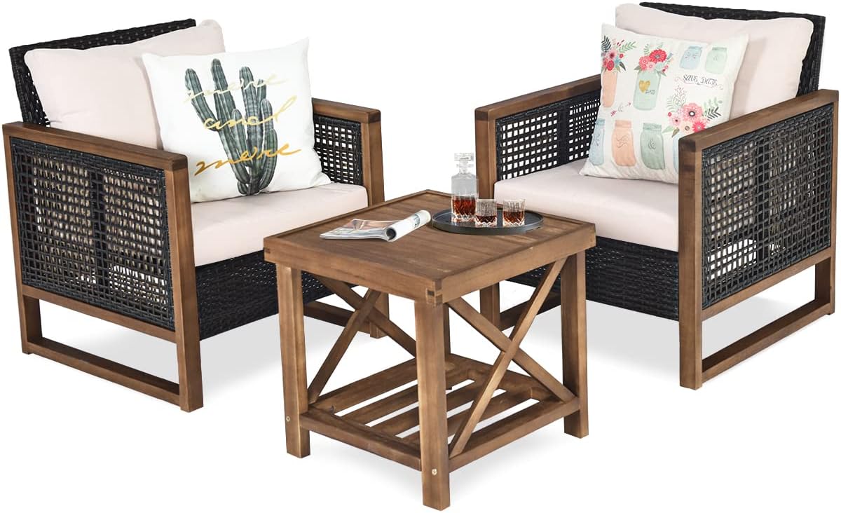 COSTWAY Gartenmöbel-Set, PE-Rattan, Akazienholz, Polyestergewebe, Schwamm, Schwarz/Braun/Weiss
