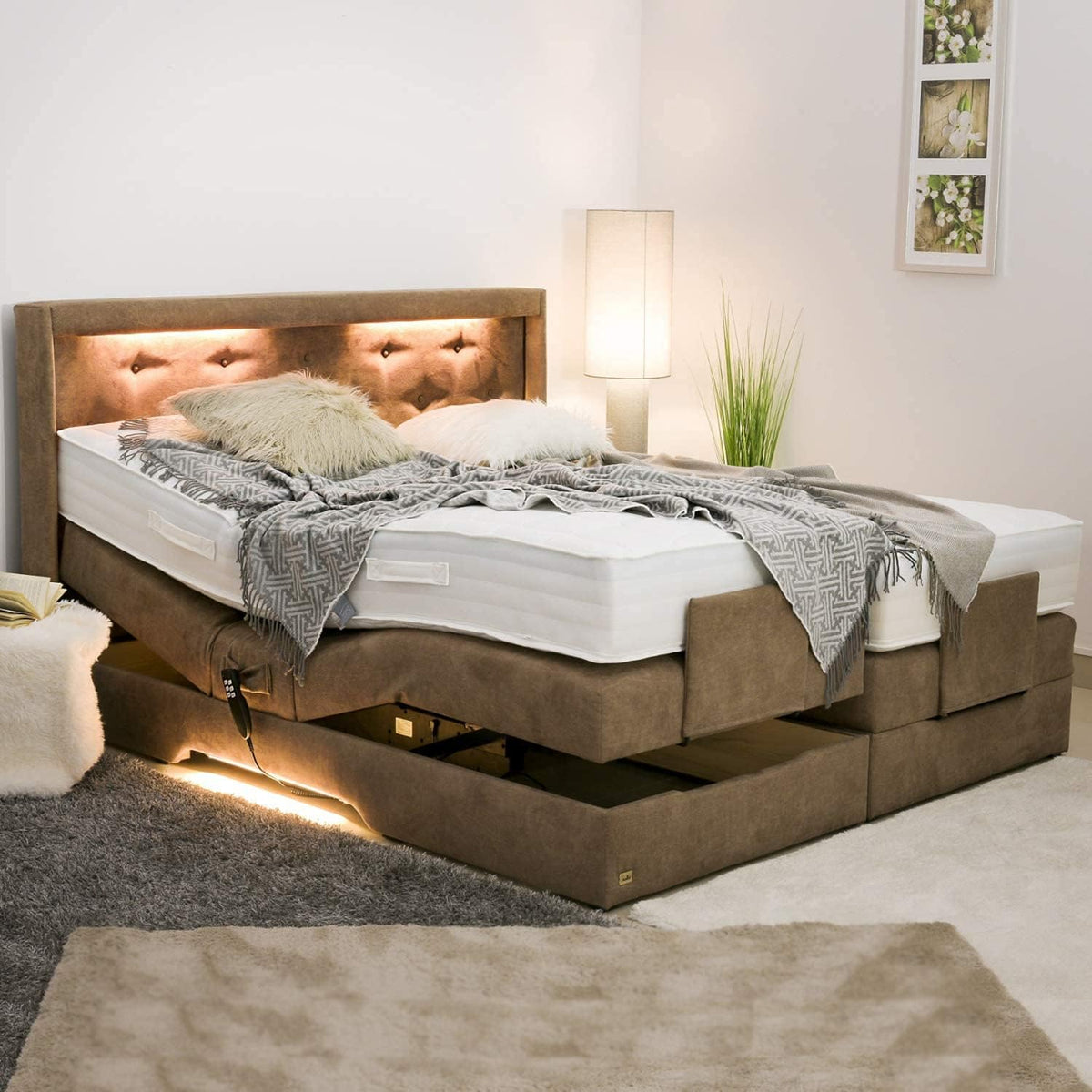 PAARA Boxspringbett, 180 x 190 cm, Braun/Weiss, Luxus Paris Night GM, 10.000 Newton Motorleistung, Antirutsch-Matten