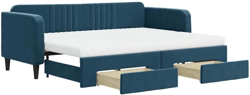 HFXHIJXQ Bettrahmen, 80x200 cm, Samt (100 % Polyester), Metall, Massivholz, Holzwerkstoff, Blau/Weiss