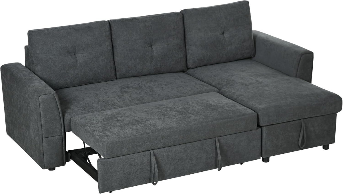 Sofa HOMCOM, Dunkelgrau, Schlafsofa Ecksofa mit Bettfunktion, 3 Sitzer Couch mit Stauraum, Chaiselongue, Leinenoptik Polstersofa für Wohnzimmer