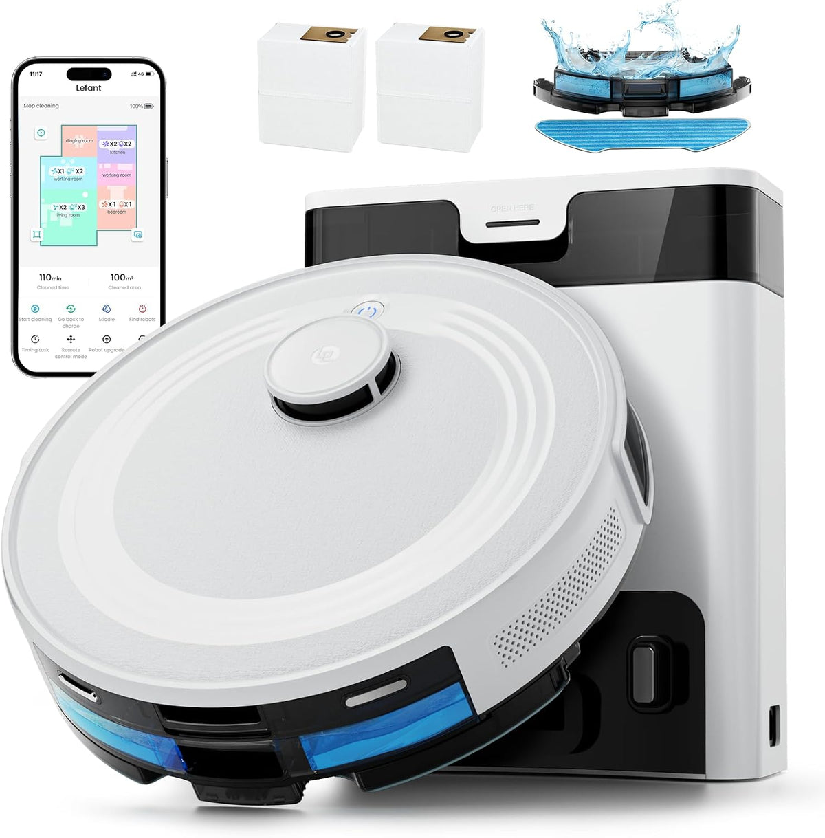 Lefant Staubsauger, Schwarz, M2S Pro Saugroboter mit Wischfunktion, Roboter mit Automatischer Staubentleerung, LiDAR-Navigation Mapping