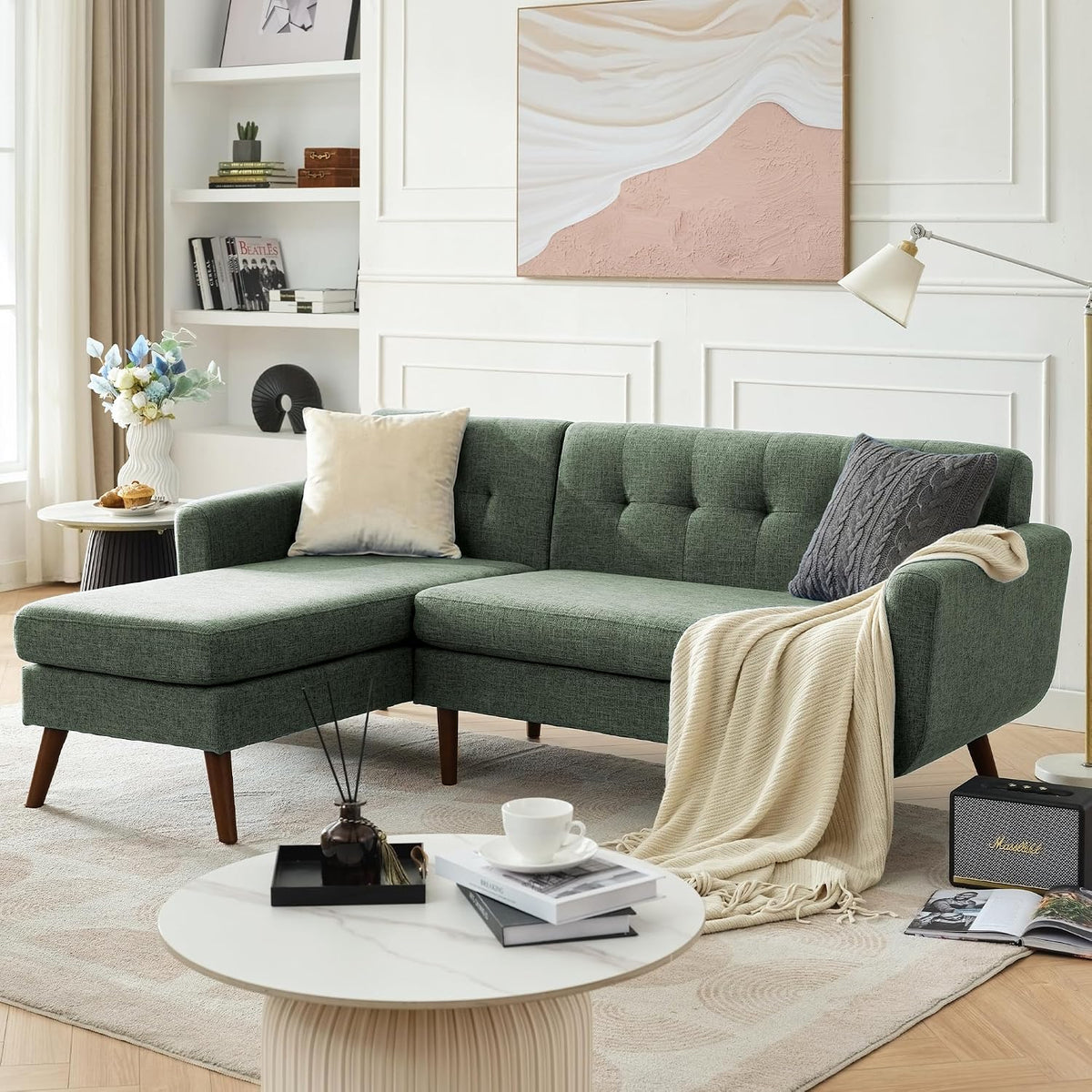 Sofa Kingfun, 203 cm, Grün, Ecksofa mit Knopfheftung & Holzfüssen, 3 Sitzer L Form Eckcouch Leinenoptik mit Waschbare Bezüge