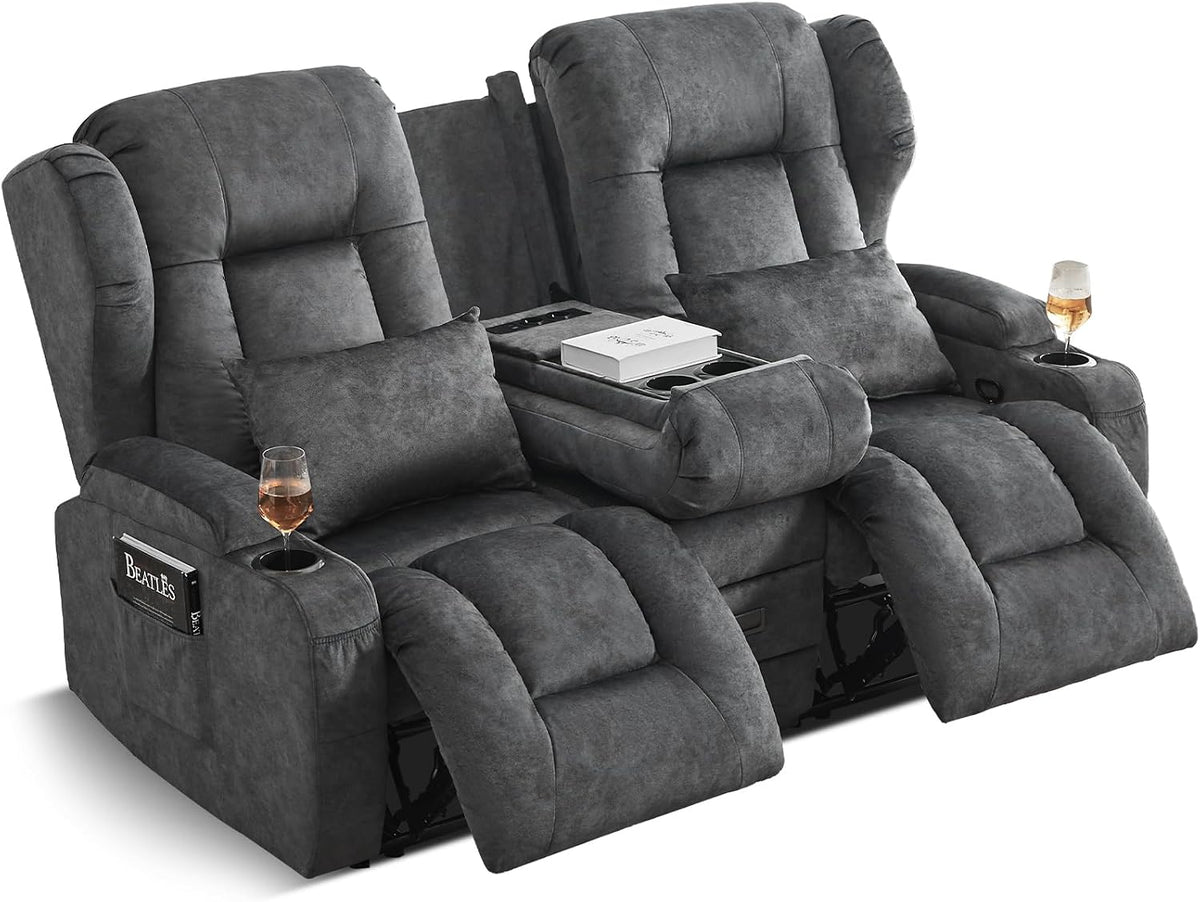 SAMERY Relaxsessel, Dunkelgrau, mit Liegefunktion Fernsehsessel Manuell Verstellbar, Zweisitzer Sofa Kinosessel 2 Sitzer Sofa TV Sessel Heimkino
