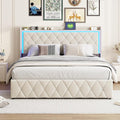 BRYXR Boxspringbett, Beige, Bett 140x200 mit stauraum, Polsterbett mit LED-Kopfteil, Doppelbett mit USB und Lattenrost
