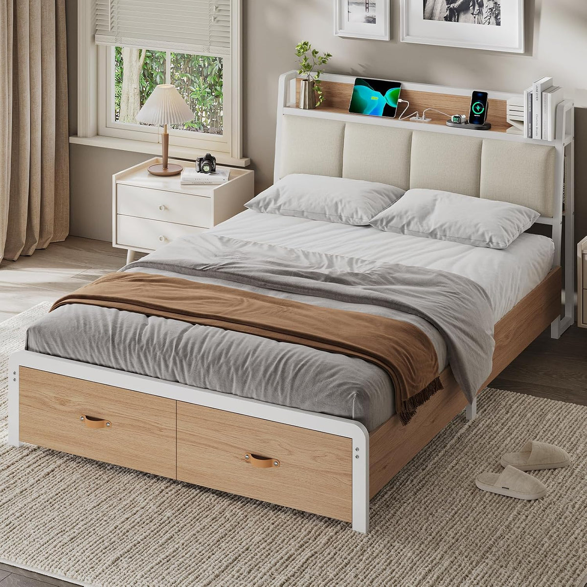 KIMENICH Bettrahmen, 140x200 cm, Weiss/Natur, Bett, Metallbett Bettgestell, mit Lattenrost, Ladestation, 2 Schubladen