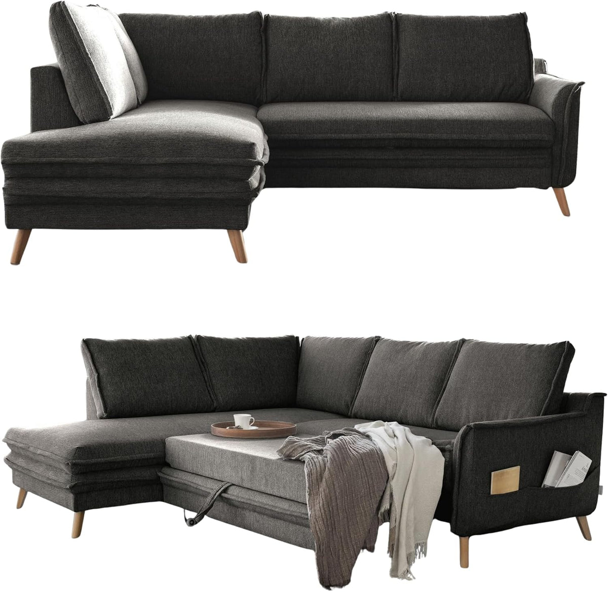 Sofa MIUFORM, 234 x 200 x 90 cm, Dunkelgrau, Charming Charlie L mit Bettkasten, limitierter Polsterstoff, 6 Sitzer Ecksofa