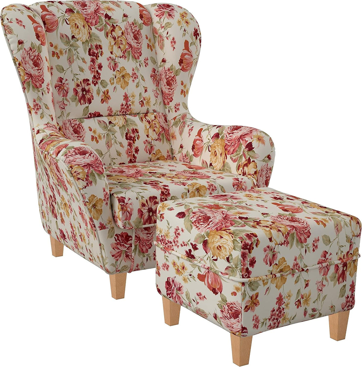 Supellex Relaxsessel, Rot/Beige, Ohrensessel »Sofia«, Design Pfingstrose, beige (Design-Nr.: 5100), wahlweise mit Hocker