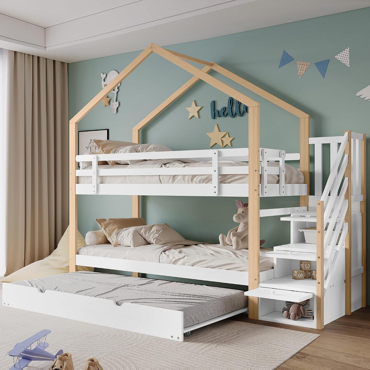 Rtopsu Bett, 90x200 cm, Weiss/Natur, Kinderbett Etagenbett mit Ausziehbares, Bettgestell mit Treppe und Stauraum Regal