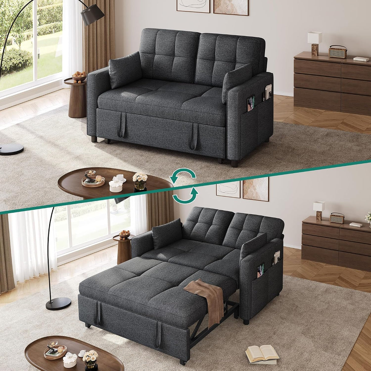 Sofa YITAHOME, 182x136 cm, Grau, Schlafsofa, mit Schlaffunktion, 5-stufig Verstellbarer Rückenlehne, 3-in-1 Schlafcouch mit 2 Kissen & Seitentasche