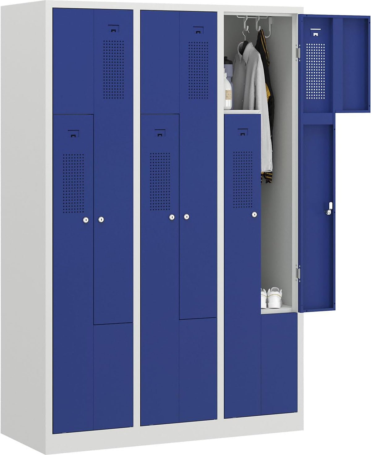 eurokraft Garderobenschränke, 1185 mm, Lichtgrau/Enzianblau, Z-Spind, 3 Abteile, Breite