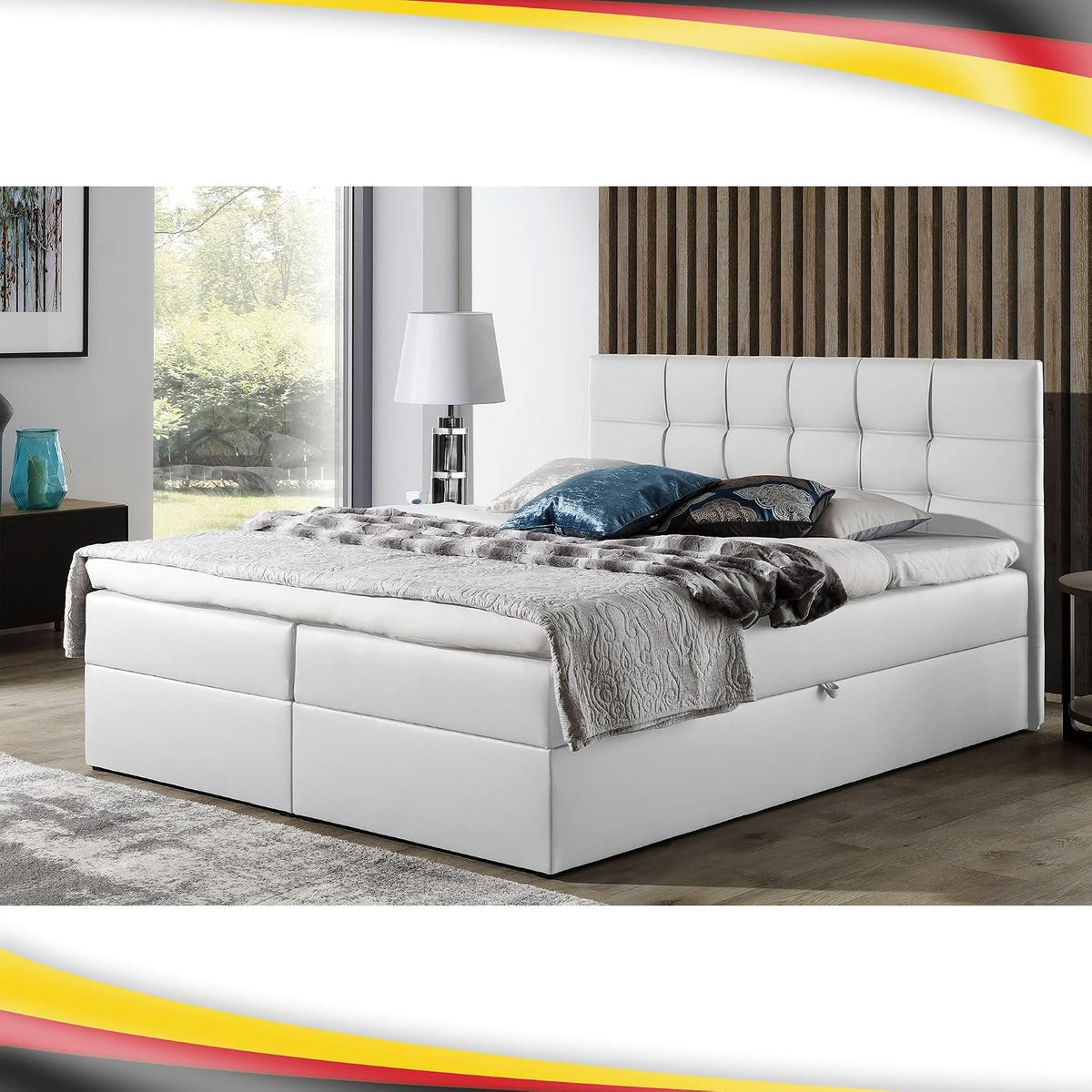 FURNISTAR Boxspringbett, Weiss, Doppelbett Leo - Bett mit Bonellmatratze, mit Bettkasten für Bettwäsche und Topper
