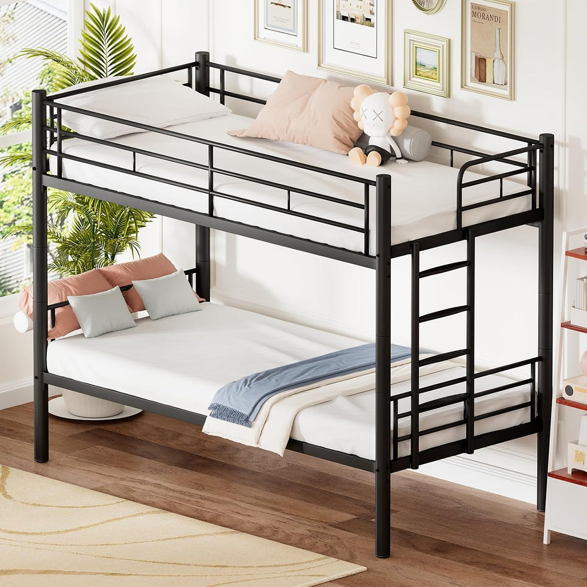 SXTXOZ Bett, 90x200 cm, Schwarz, Etagenbett, Etagenbett Metall es Kann in Zwei Einzelbetten Geteilt, Mit Leiter