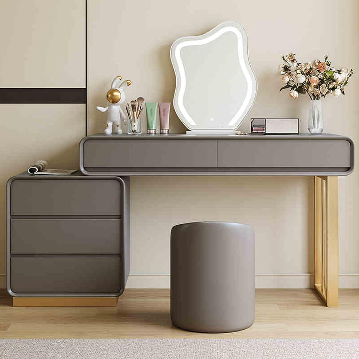 Schminktisch Ernqi, Dunkelgrau/Gold, Mit Spiegel Und Beleuchtung, Stuhl, Schublade Aus Weichem Samt, Leise Gleitschiene