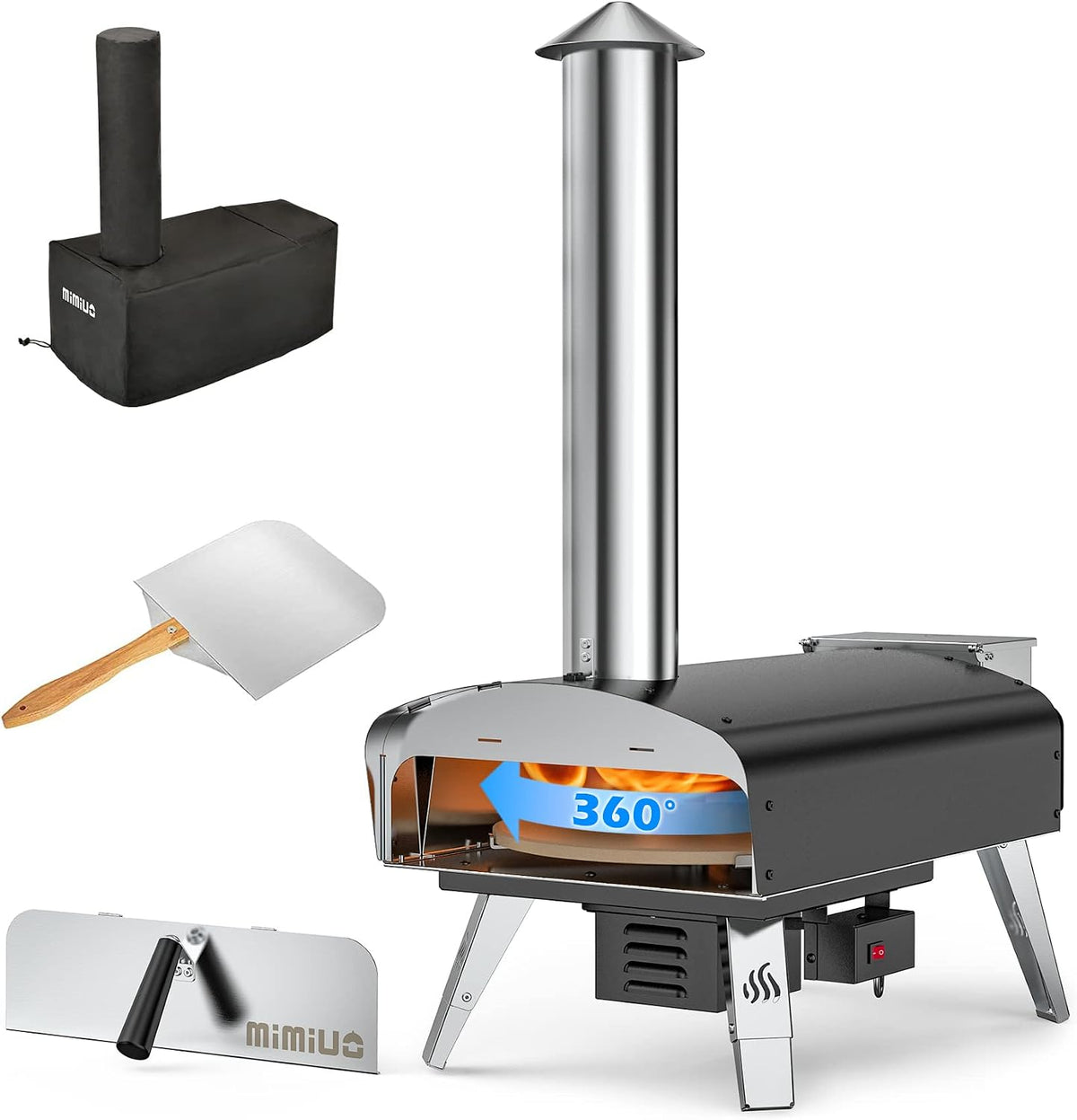 Mimiuo Pizzaofen, Grau, Outdoor mit Automatischer Drehfunktion & Pizzaste