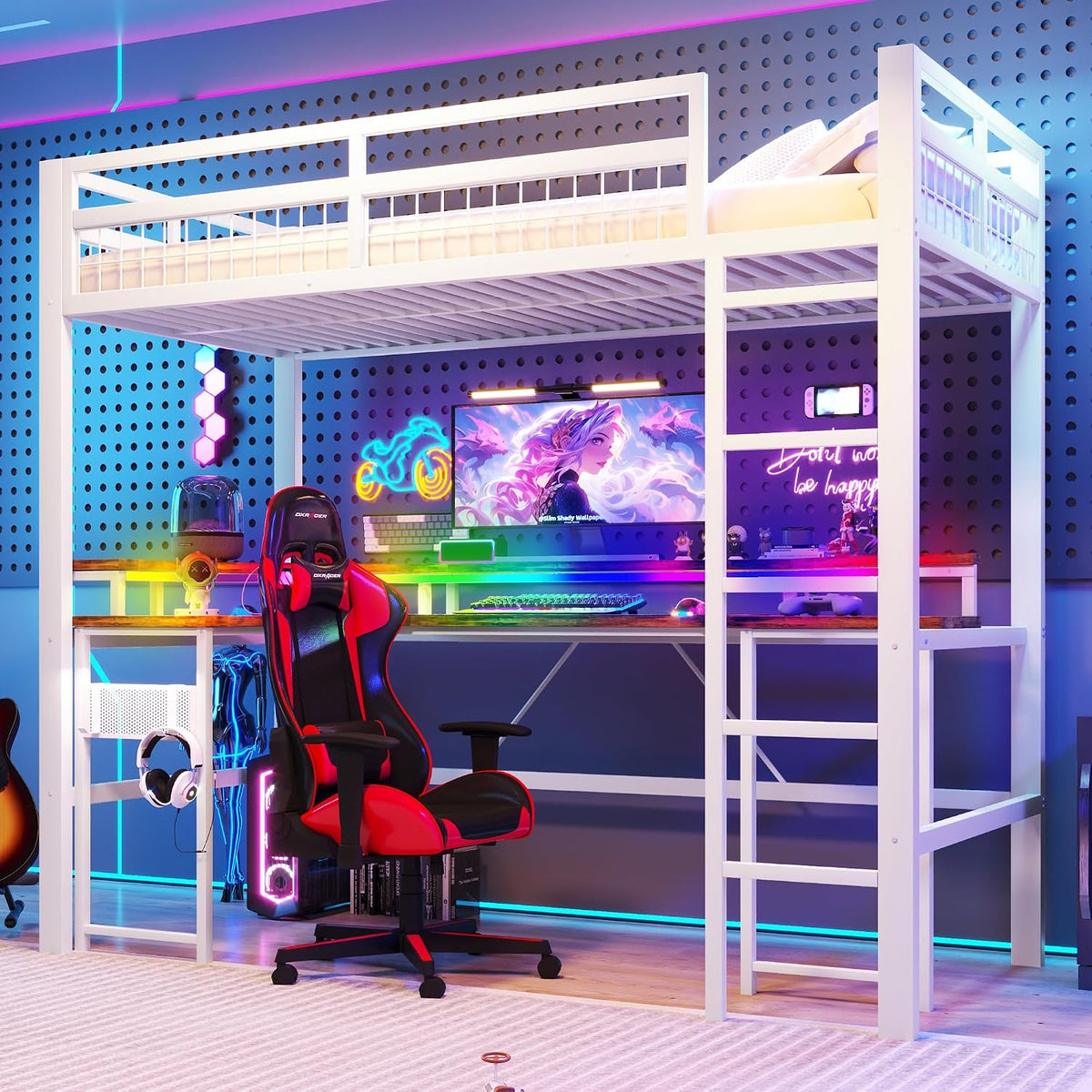 Merax Bettrahmen, 90 x 200 cm, Weiss, Hochbett mit Schreibtisch 90x200 cm, Eisenrahmen, mit farbwechselnder LED-Lichtleiste