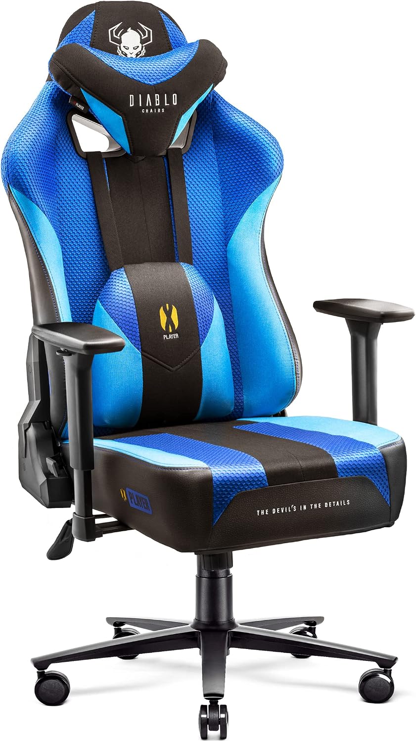 Diablo Schreibtisch, Blau/Schwarz, X-Player Gaming Stuhl Bürostuhl Schreibtischstuhl Stoff 3D, Normal (L))