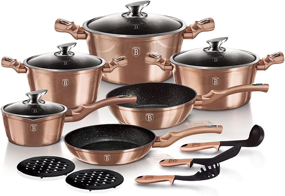 Berlinger Haus Topfsets, Geschmiedeter Aluminium, Schwarz, 15Pcs Metallisch Kochgeschirr Set - Roségold