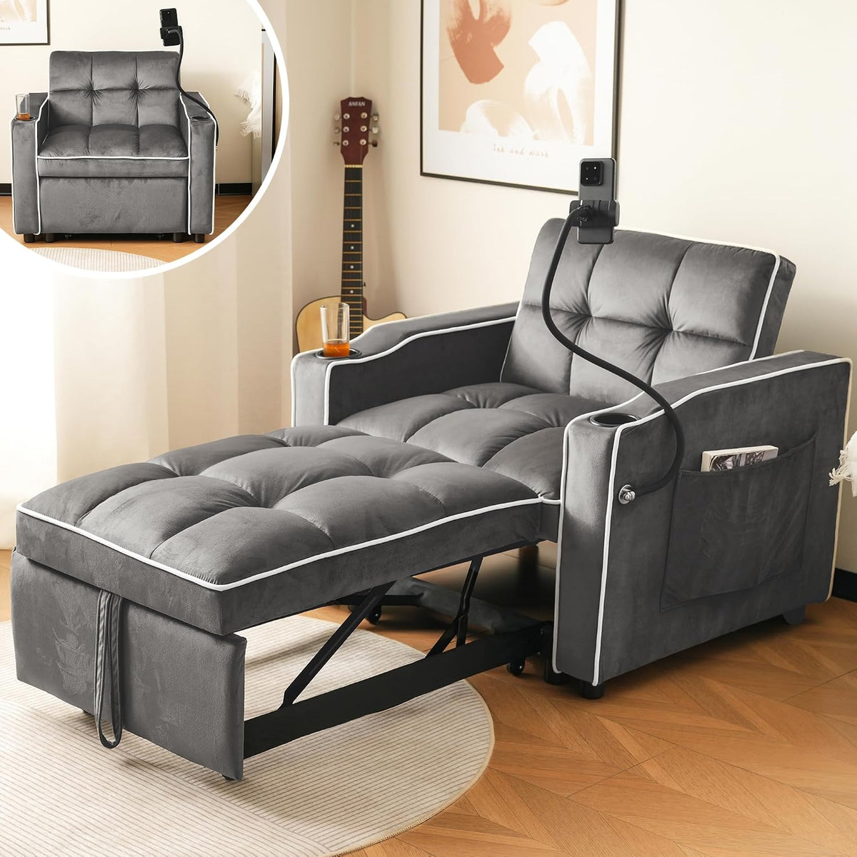 DRIXNO Sofa, 76 cm, Dunkelgrau, 3-in-1 Ausziehbares Einzel-Schlafsofa, Mit Getränkehaltern und Handyhalter, -Liegestuhl