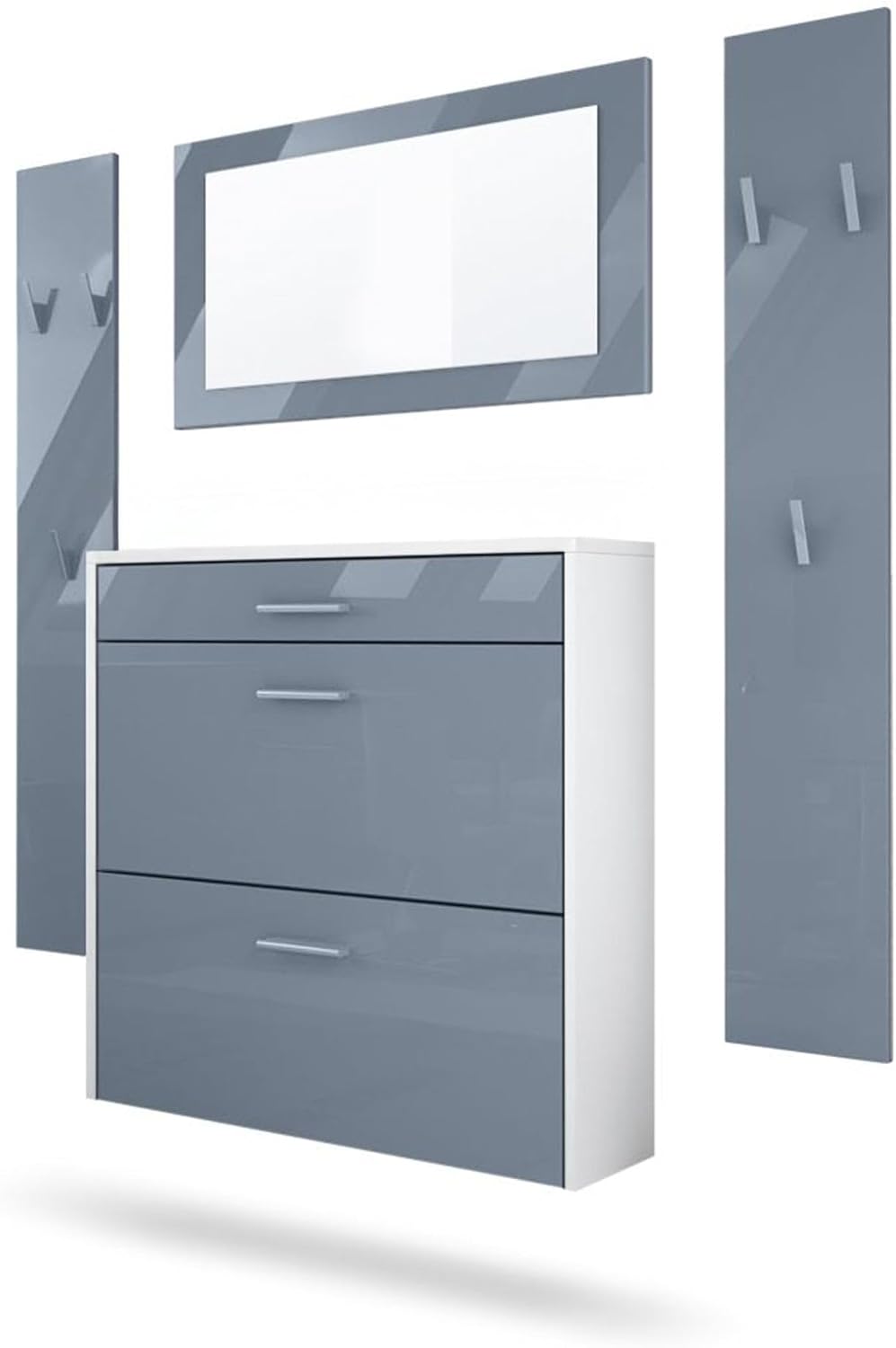 InnoFurn Sideboard, Weiss/Grau, Garderoben-Set Roma Air 4-teilig, Moderne Flurgarderoben Set mit Schuschrank, Weiss matt/Grau Hochglanz