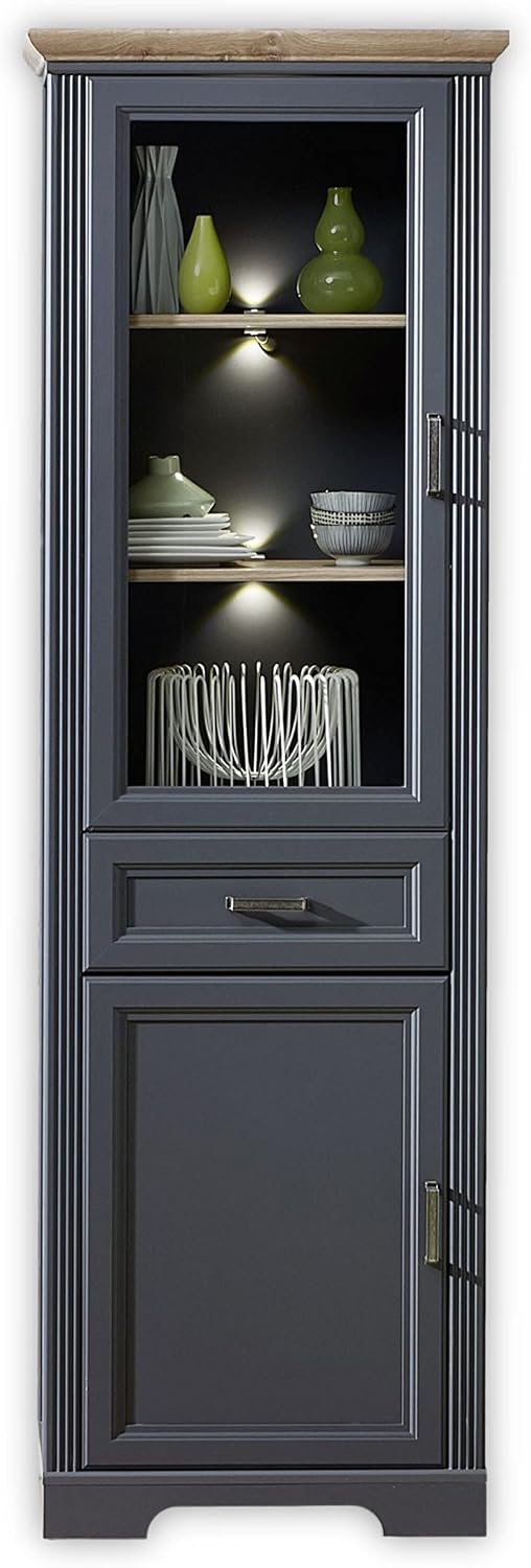 Wohnzimmerschrank Stella Trading, 66 x 204 x 42 cm, Graphit/Eiche, Vitrinenschrank