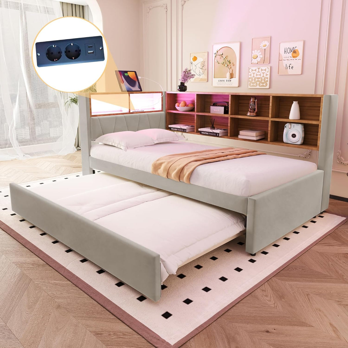 Merax Bett, 90x200 cm, 90x190 cm, Hellgrau, Schlafsofa, mit Ausziehbett, LED-Leuchten, Steckdosen & USB/Type-C-Anschlüssen