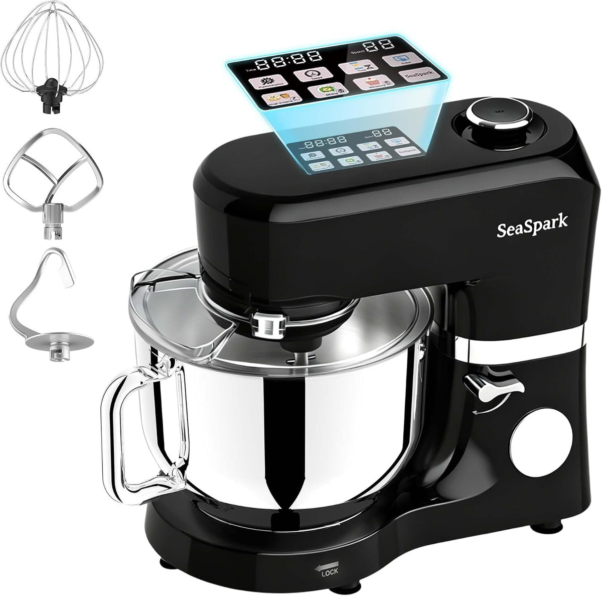 SeaSpark Knet- & Rührmaschinen, 5,5 L, 1100 W, Schwarz, Küchenmaschine, Knetmaschine, multifunktionale Küchenmaschinen mit Display