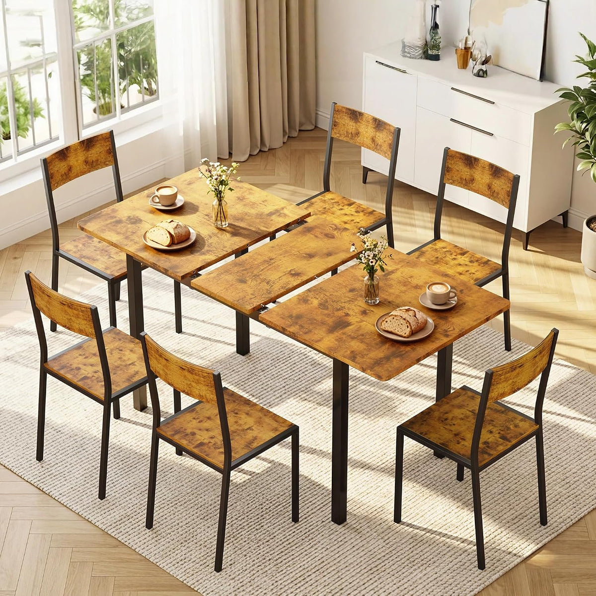 Xbro Essgruppe, 140 cm, Braun/Schwarz, Esstisch Set 6 Personen Ausziehbar, mit 6 Stühlen, Stabil Platzsparend, Einfache Montage