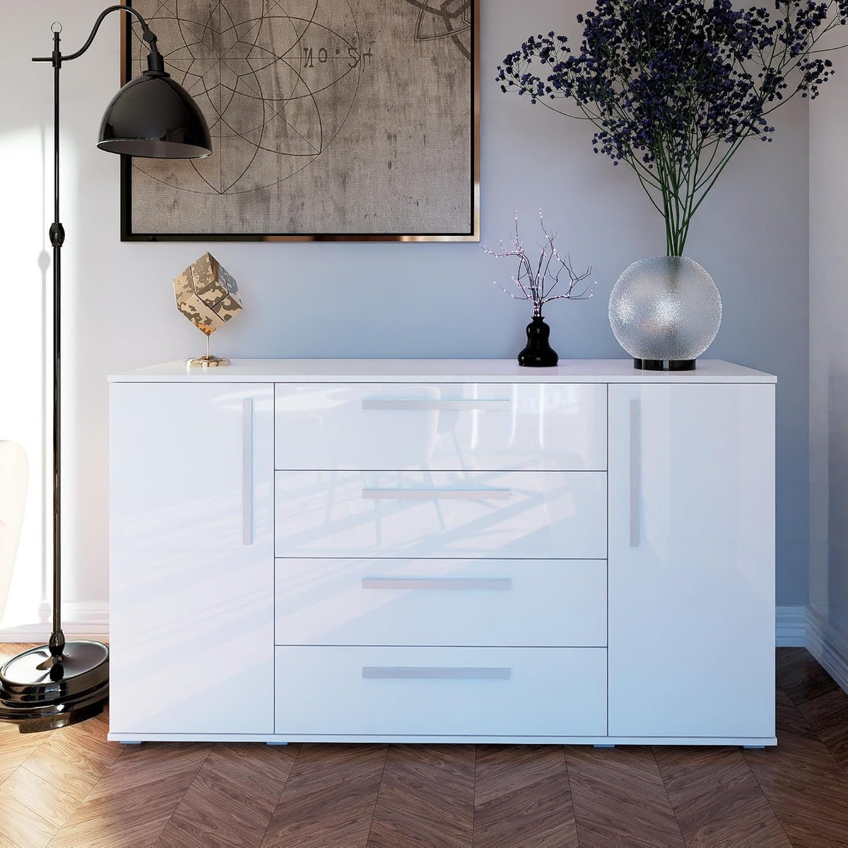 Marlux-Meble Sideboard, 160 cm, Weiss, Kommode R2 mit 2 Türen und 4 Schubladen breit