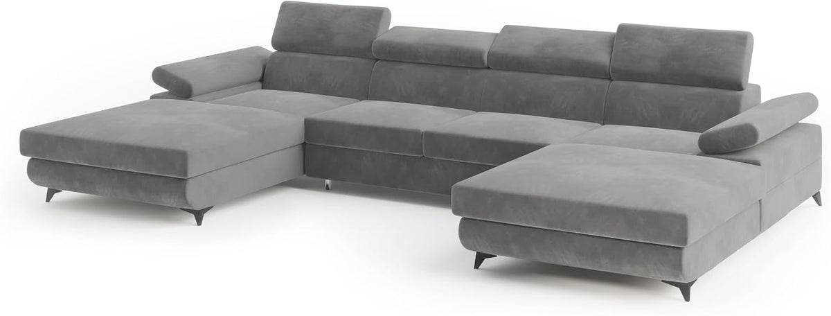 Masseno Sofa, Grau, Wohnzimmersofa, Ecksofa DETTI M mit Schlaffunktion U-Form, Glamour mit Bettkasten, Couch, Soffa