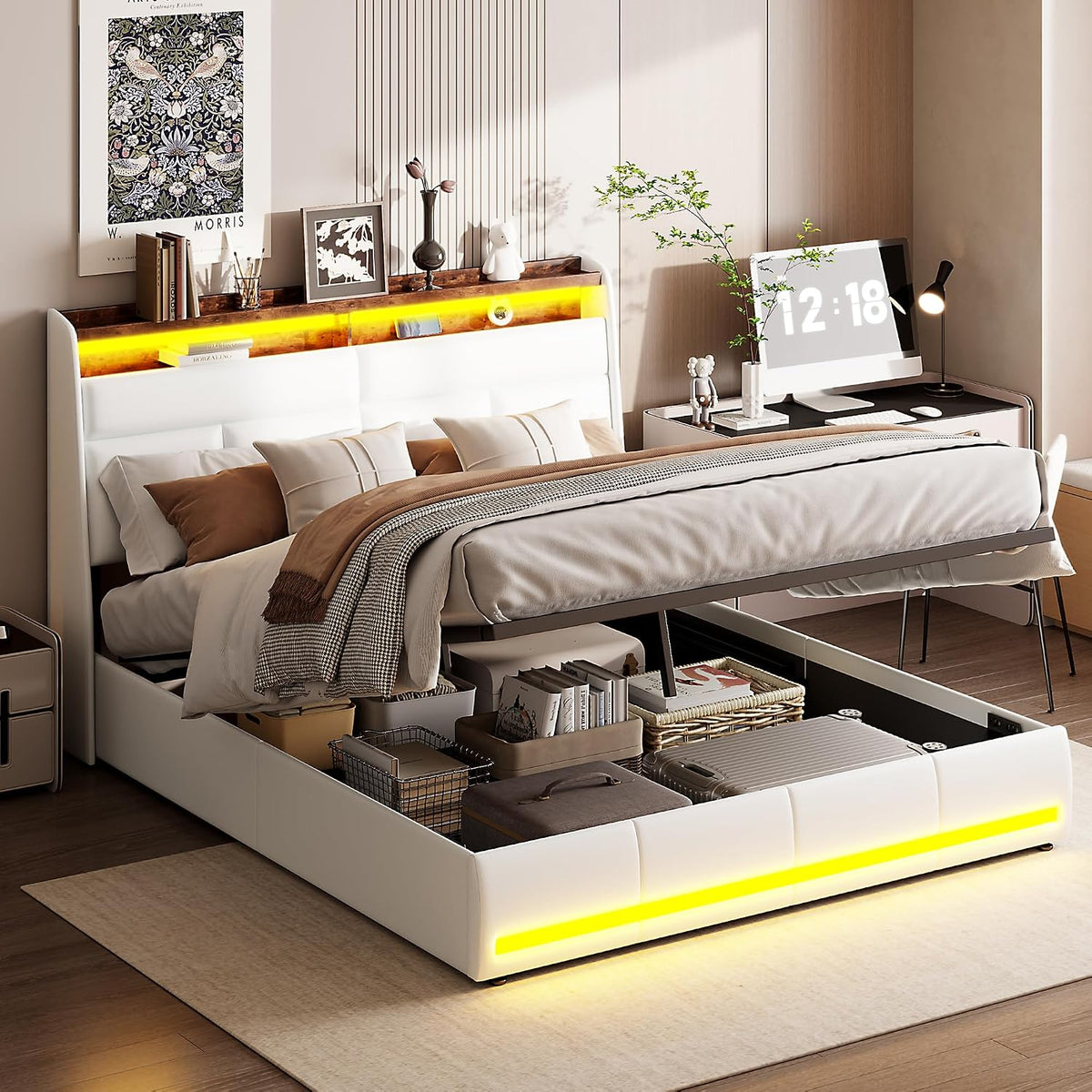 VixorLuilith Bett, 140×200 cm, 140x200 cm, Weiss, Hydraulisches Stauraumbett, modernes Polster-Doppelbett mit LED