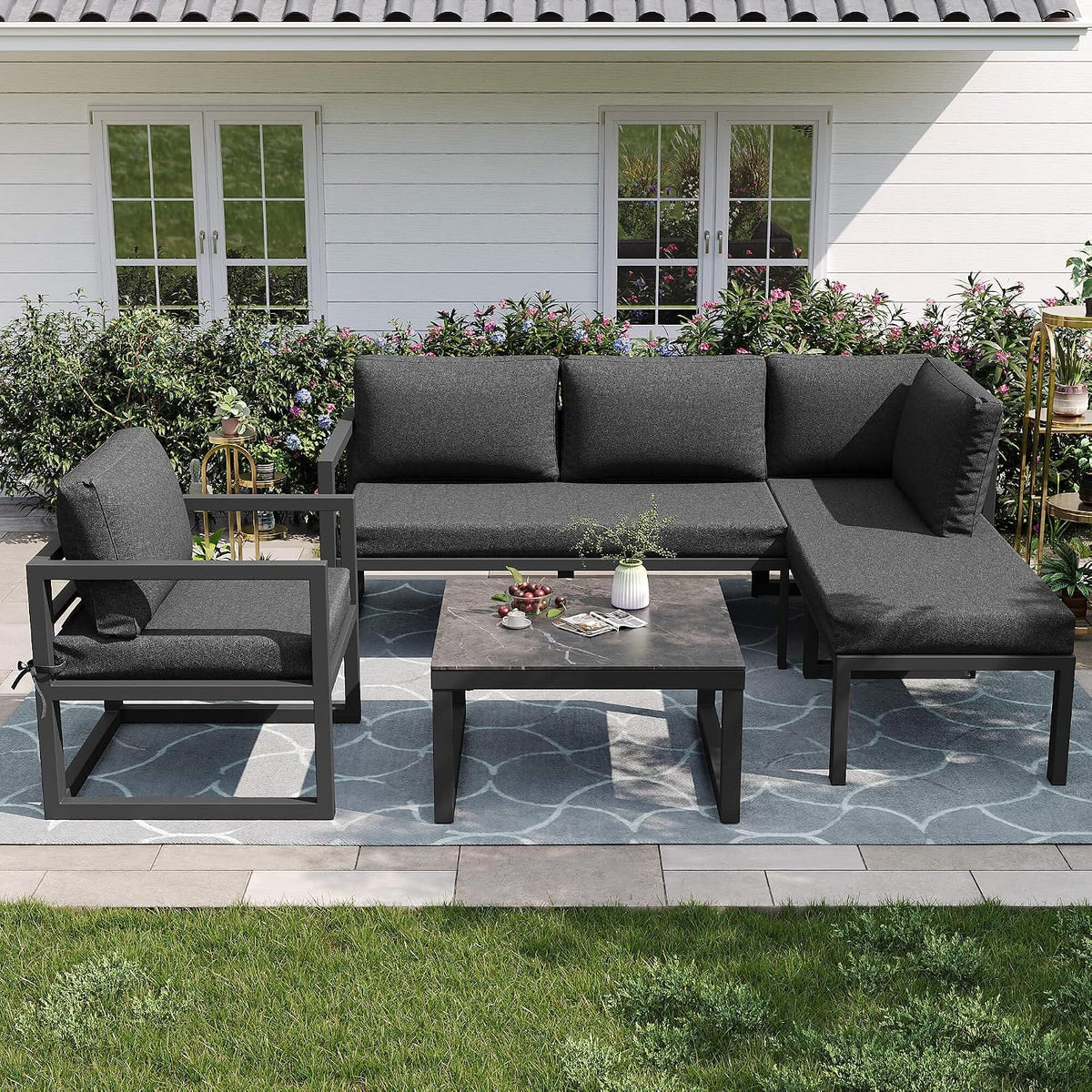 DRIXNO Sofa, Grau, Seil-Gartenmöbel-Set, Garten-Lounge-Set, Ecksofa mit Verzinktem Eisengestell, Verstellbare Beine